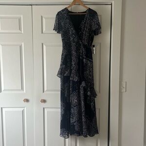 Chaps Dress Paisley Flowy Navy Blue White Maxi Dress Size 14 NWT